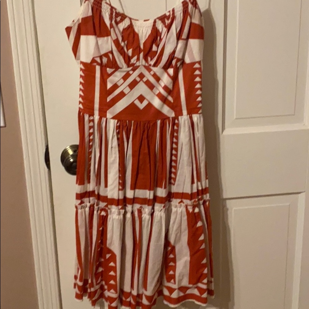 Salmon and white print dress with corset back